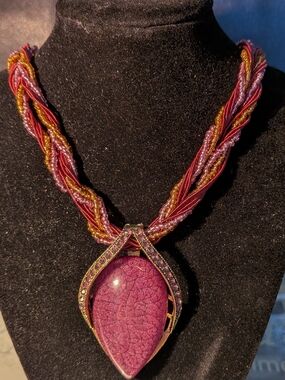Vibrant Pinky Purple Teardrop Statement Necklace with Braided Cord